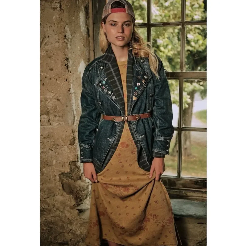 Free People Imogene Denim Officer Jacket in Ensign Wash Small Military Denim - Picture 7 of 16